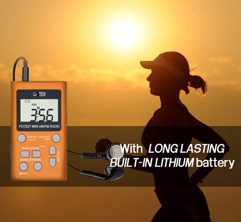 BTECH راديو شخصي BTECH MPR-AF1 AM FM مع نوعين من سماعات الستيريو، ساعة، استقبال ممتاز وعمر بطارية طويل، راديو ووكمان ميني جيب مع سماعات (برتقالي) - Image 3